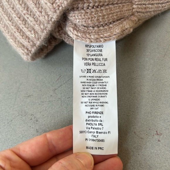 PHO FIRENZE Beige Knit Beanie with Large Two-Tone Fur Pom-Pom & Sequins OS NWT - Picture 3 of 3